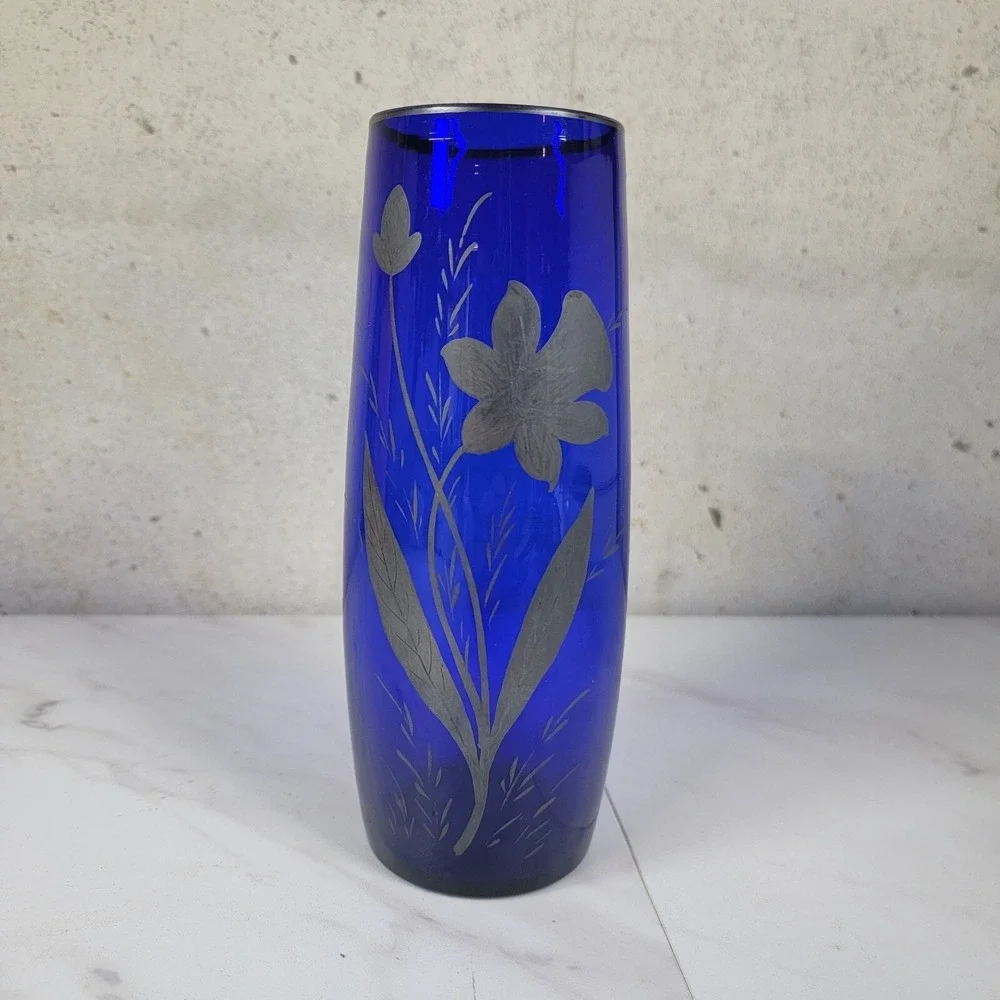 Vintage Cobalt Blue Czech Glass 8.5 Inch Vase Hand Painted‎ Silver Flowers